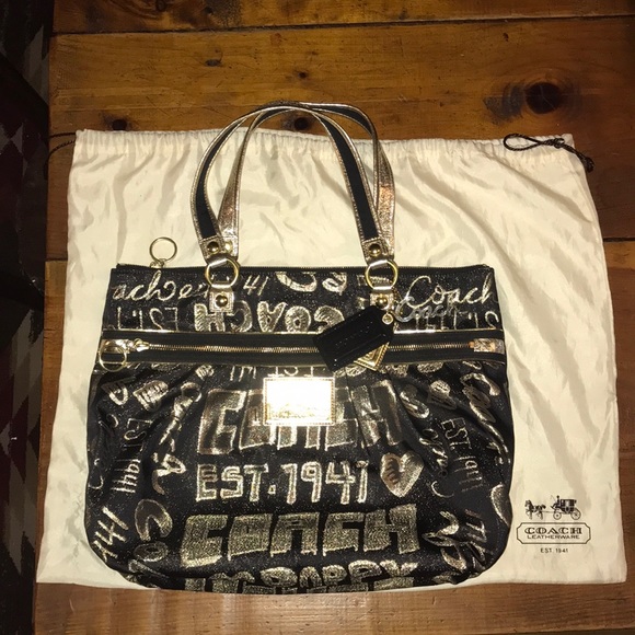 Coach Handbags - Large Coach Poppy Tote-bag, Black/shimmery gold Coach Handbags - Large Coach Poppy Tote-bag, Black/shimmery gold